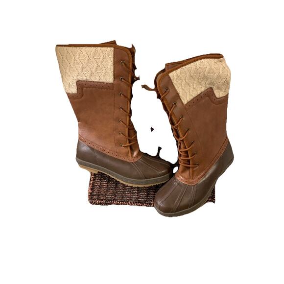 Reila Women's Lace-Up Duck Boots Size 8.5 Brown Faux Leather Knit Upper Rubber - Picture 8 of 9